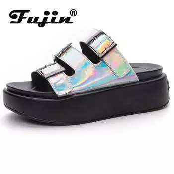 Fujin/Новые синтетические лакированные летние женские сандалии 6 см, женские тапочки на платформе, удобные модные туфли на танкетке 2024, модная обувь с открытым носком
