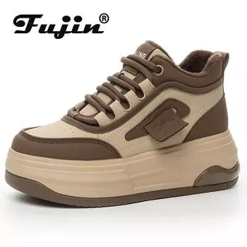 Fujin/Новые женские ботильоны из натуральной кожи 6 см, мотоциклетные ботильоны, армейские зимние плюшевые женские кроссовки на танкетке, массивные женские ботинки 34 чёрный