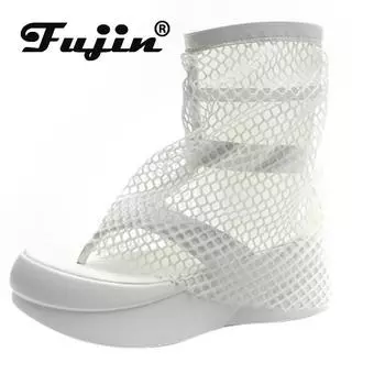 Fujin сандалии до середины икры с воздушной сеткой, 6 см, модные женские дышащие летние тапочки на платформе, высокие брендовые ботильоны на танкетке