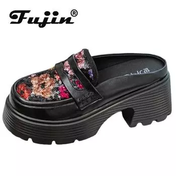 Fujin Сандалии на танкетке из натуральной кожи с воздушной сеткой, 7 см, блестящие массивные кроссовки-лодочки, летние тапочки, модная женская обувь в Риме