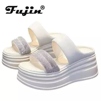 Fujin/тапочки с синтетическими стразами 8 см, модные летние сандалии для отдыха, сандалии на платформе, на танкетке, на плоской подошве, роскошная элегантная женская блестящая обувь