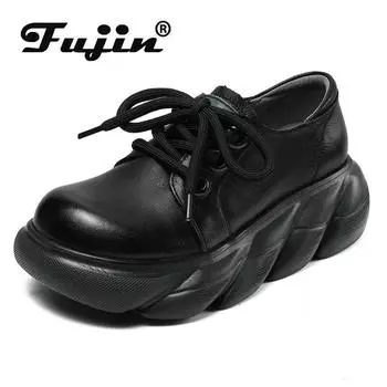 Fujin/туфли 5,5 см, лето, весна-осень, женская обувь Мэри Джейн на шнуровке, из натуральной коровьей кожи в стиле ретро, на платформе, с круглым носком, на танкетке, туфли на плоской подошве 35 чёрный