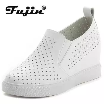 Fujin туфли-лодочки на танкетке 8 см, мокасины, женские брендовые сандалии на платформе, летняя обувь из натуральной кожи, женская обувь на скрытом каблуке