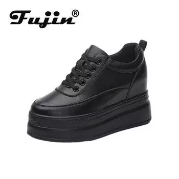 Fujin туфли на танкетке на платформе 9 см, кроссовки-лодочки, белые туфли-лодочки на платформе с воздушной сеткой, полые туфли-лодочки, женская обувь zapatos de mujer 34
