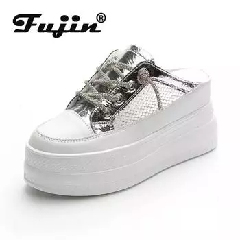 Fujin/туфли-шлепанцы 8 см, кроссовки без шнуровки из микрофибры, кожаные сетчатые блестящие тапочки на платформе, женская летняя обувь, сандалии на танкетке 34 белый