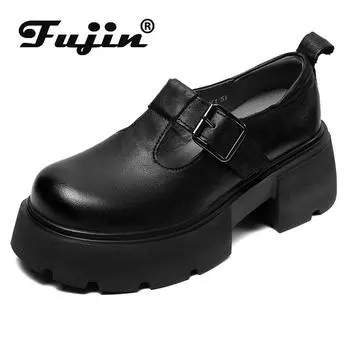 Fujin/весенняя женская обувь на высоком каблуке 6 см на платформе, осенняя обувь на танкетке, натуральная кожа в этническом стиле, летняя мода на круглой подошве с крючком Мэри Джейн 35 чёрный