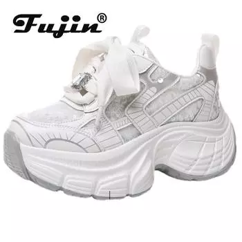 Fujin Женская обувь на плоской подошве из синтетической кожи из микрофибры с воздушной сеткой, летние этнические кроссовки на массивной платформе, дышащая полая платформа на танкетке
