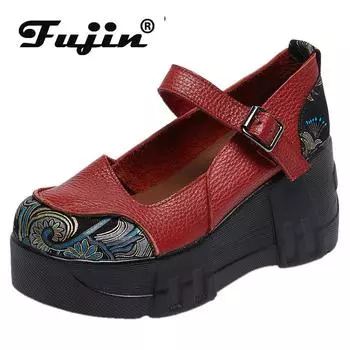 Fujin, женская обувь на танкетке на плоской подошве с круглым носком, 7 см, весенняя женская обувь на крючках, натуральная кожа в этническом стиле, свиная кожа, женская обувь Мэри Джейн, осень-лето 35 чёрный