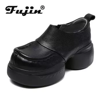 Fujin/женская осенняя обувь 6 см, женская обувь без шнуровки из коровьей кожи, новая модная женская обувь на танкетке в этническом стиле, круглая весенняя обувь Мэри Джейн 35 чёрный