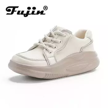 Fujin/женские ботинки 4 см, осенние вулканизированные туфли на каблуке и платформе, туфли-лодочки из коровьей замши, туфли-лодочки из натуральной кожи, туфли без каблуков, массивные кроссовки 35 бежевый