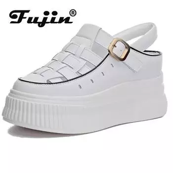 Fujin/женские сандалии 7,5 см, удобная обувь на крючках, модные летние женские дышащие сандалии на платформе с круглым носком, на танкетке, на очень высоком потайном каблуке 34 бежевый