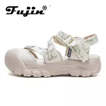 Fujin/женские тканевые ботинки 4 см, дышащие модные женские ботинки из натуральной кожи, летние ботильоны на танкетке на полой подошве, эластичная обувь 35