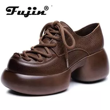 Fujin/женские туфли на плоской подошве с круглым носком 7 см, женские туфли на платформе, летняя модная обувь из коровьей натуральной кожи, весенне-осенняя обувь на шнуровке Мэри Джейн 34 чёрный