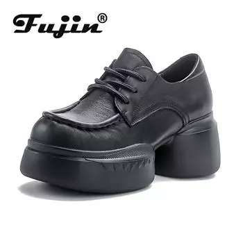 Fujin/женские туфли на танкетке с круглым носком 6,5 см, летние женские новые туфли в стиле ретро из коровьей кожи, весна-осень, на шнуровке Мэри Джейн 35 чёрный