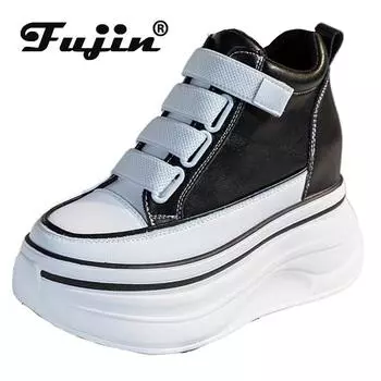 Fujin/женские весенние ботинки из натуральной коровьей кожи 10 см на скрытом каблуке, осенние ботильоны до середины икры, ботинки на платформе, туфли на танкетке, массивные кроссовки 34 белый