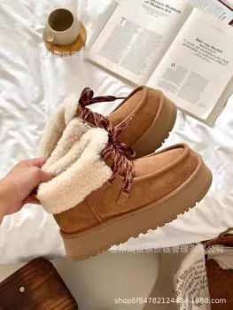 Fukala женские зимние угги из овчины, 2024, зимние короткие ботинки на толстой подошве-маффин, утепленные короткие хлопковые ботинки на шнуровке 35 малиновый