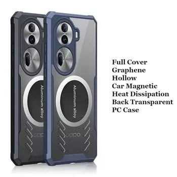 Full Cover Graphene Heat Dissipation PC Case For OPPO Reno 11 8 9 10 Pro Plus Breathable Cooling Car Mounted Magnetic Transparent Anti-Drop Back Shell Reno9 чёрный