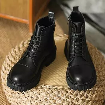 Full Cowhide ~ Women s Genuine Leather New Fleece-Lined Mid Platform Boots Slimming British Style Fried Street Ankle Boots 35