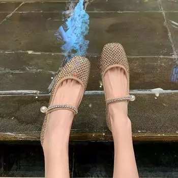 Туфли-балетки с сеткой из воздушной сетки и бриллиантами, женские туфли Мэри Джейн с квадратным носком, кристальные балетки, женские туфли для невесты, свадебные туфли для танцев 4.5 золотой