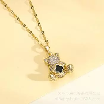 Full Diamond Bear Necklace Female Versatile Temperament Slightly Inlaid Zircon Cute Pendant Clavicle Chain Jewelry