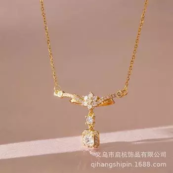 Full Diamond Bow Necklace Women S Light Luxury Design Simple Micro-Inlaid Pendant Jewelry