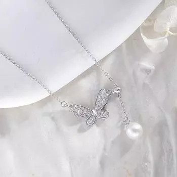 Ожерелье на ключицу из жемчуга и бриллиантов с бабочкой из стерлингового серебра, легкое, роскошное, эфирное, с кисточками, растягивающееся, регулируемое 925