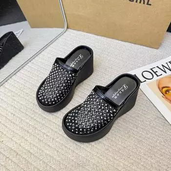 Full diamond high-heeled fashion cool slippers women s summer new outer wear casual thick-bottomed wedge one-word slippers 34