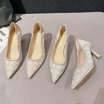Full diamond high heels crystal shoes 2024 new middle heel banquet shoes pointed thin heel single shoes women s B835-ES7 34 абрикосовый