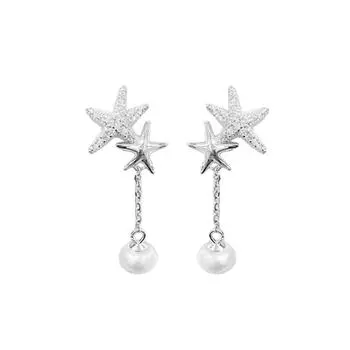 Full Diamond Starfish Pearl Earrings Personalized Sweet Ocean Wind Earrings Korean Version Pentagram Bead Long Fringed Earrings copper (with ear plugs)