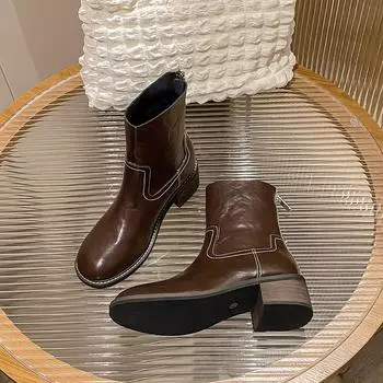 Full Grain Leather Round Toe Winter Keep Warm Chelsea Boots Zipper Med Heels Vintage Luxury Gorgeous Ankle Boots 34