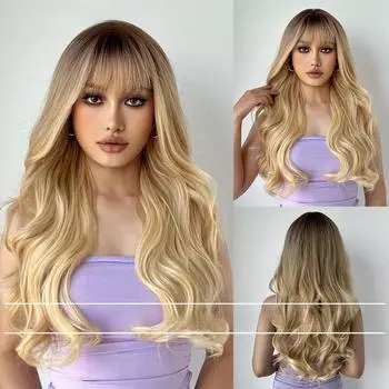 Полный головной убор черный постепенное изменение золотой челка Qi длинные вьющиеся волосы большая волна парик женский lc8073