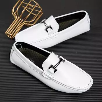 Full leather soft-sided beanie shoes men s metal buckle white leather shoes trendy thin soft-soled breathable driving shoes learning to drive shoes 38 чёрный