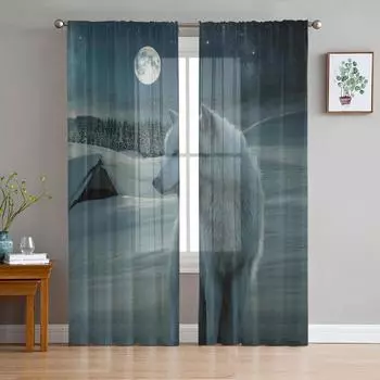 Full Moon Snowfield Wolf Starry Sky Sheer Curtains for Living Room Modern Voile Curtain Bedroom Tulle Curtains Window Drapes W135 x H114cm
