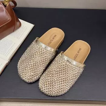 Full of diamonds, rhinestones, fishing nets, sandals, women wear new summer breathable hollowed-out, one pedal, bag head and half drag 35