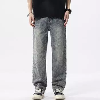 Full Print Jacquard Jeans Men s Spring and Autumn Retro Pants High Street Loose Straight Pants S