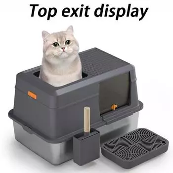 Fully Enclosed Cat Litter Box Stainless Steel Large Size Cats Litter Boxes Top Entry Open Exit Cat Toilet Scoop Pet Supplies зелёный