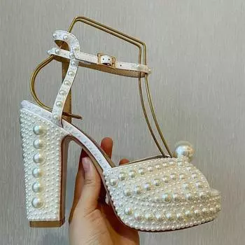 Fully Handmade Luxury Pearls Thick Heeled Peep toe Women Sandals Summer Fashion Platform Wedges High heels Wedding Banquet Shoes 35
