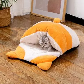 Fully wrapped pet bed Cute cartoon cat sleeping bag Semi-enclosed comfortable warm pet bed for keeping pets warm in winter белый