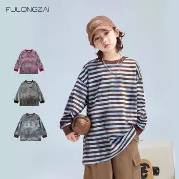 FULONGZAI 2025 Весна и Осень Полосатые толстовки в корейском стиле для мальчиков и девочек 130cm чёрный