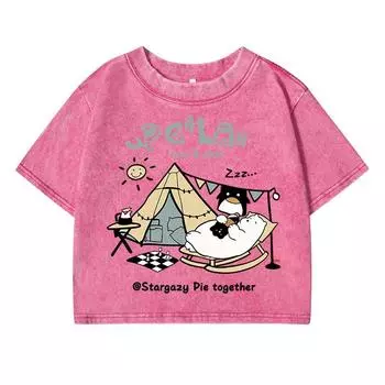 Fun And Cute Cartoon Lazy Bearprinting Women Washed Short Tshirts Summer Fashion T-Shirt Midriff-Baring Versatile Clothes M