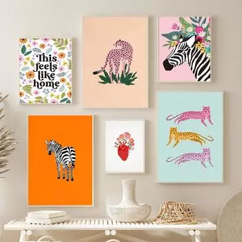 Fun Art Print Unframed Poster Animals Cheetah Zebra Leopards Canvas Floral Botanical Text Quote Colourful Wall Painting Decor 21x30cm No Framed