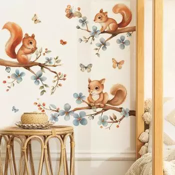 Fun-b48 Мультяшная нарисованная белка, взбирающаяся на дерево, детская спальня, гостиная, настенные наклейки для украшения стен 30*60CM*2PCS/fun-b48