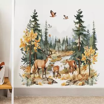 Fun-b53 Мультфильм Олень Лес Детская Комната Детский Сад Домашний Фон Ландшафтный Дизайн Наклейка На Стену 30*60CM*2PCS/fun-b53