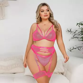 Веселый большой сетчатый полый эластичный комплект из трех частей с кольцами для ног для женщин 1XL
