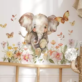 Fun-c41 Мультфильм Акварель Слон Бабочка Цветок Спальня Гостиная Стена Украшения Наклейка На Стену 30*90CM*2PCS/fun-c41