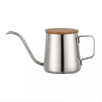 FUN COFFEE Drip Pot 350ml Narrow Mouth Stainless Steel Coffee Kettle with Lid Kitchen Drip Single Person Coffee Stylish Silver (co-0046)