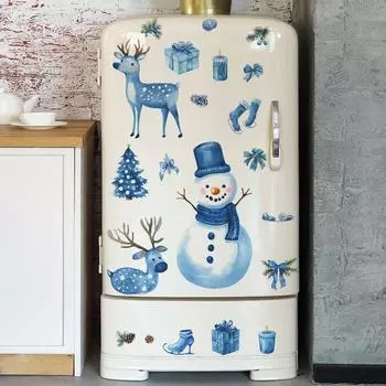 Fun-e157 Рождественский синий снеговик олененок Рождественская елка Холодильник Кухня Украшения Наклейка на стену 40*60cm/fun-e157