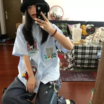 Fun Embroidered Striped Blue Women s Shirt Retro Short Sleeved Lapel Single Breasted Clothing Loose Versatile Summer Top S синий