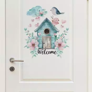 Fun-f139 Акварельный домик Добро пожаловать Английский слоган Спальня Гостиная Дверь Ландшафтный дизайн Наклейка на стену 29*29CM/fun-f139