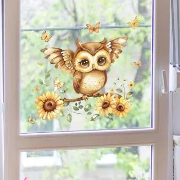Fun-f156 Мультфильм Сова Подсолнух Стеклянные Двери и Окна Домашний Ландшафтный Дизайн Оконные Наклейки УФ Статика 28*28CM/fun-f156 uv